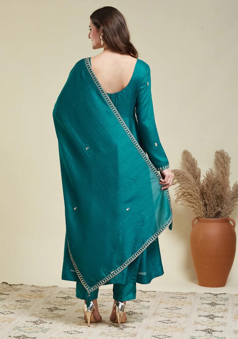 Turquoise Blue Embroidered Silk Kurta Set - Indya