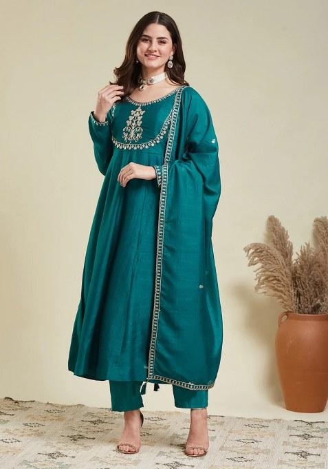 Turquoise Blue Embroidered Silk Kurta Set