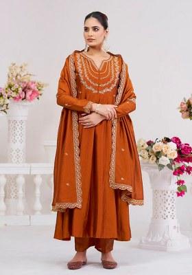 Rust Embroidered Silk Kurta Set