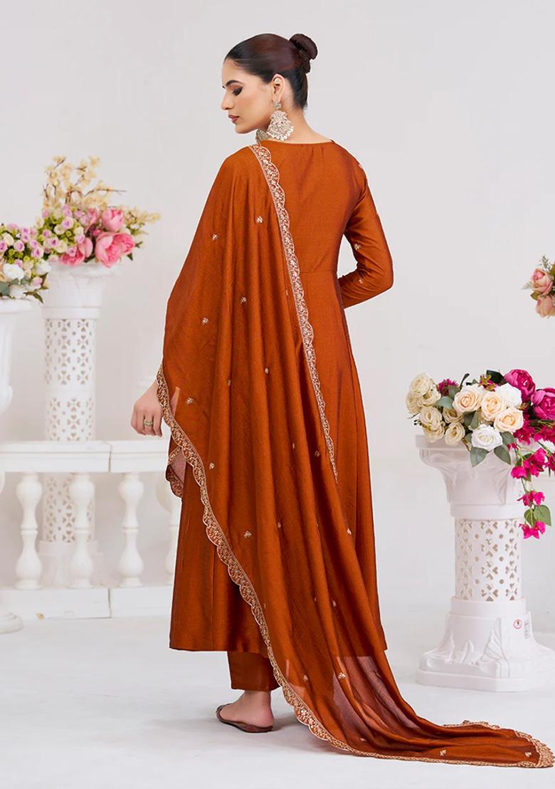 Rust Embroidered Silk Kurta Set - Indya