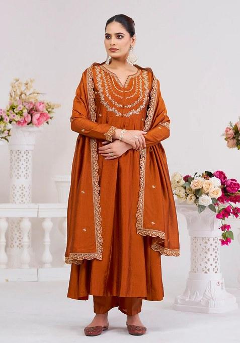 Rust Embroidered Silk Kurta Set
