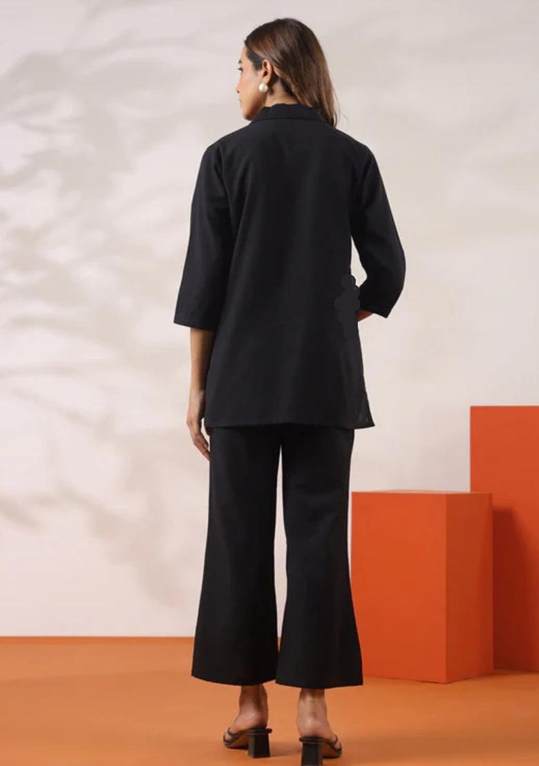 Black Embroidered Rayon Kurta Set - Indya