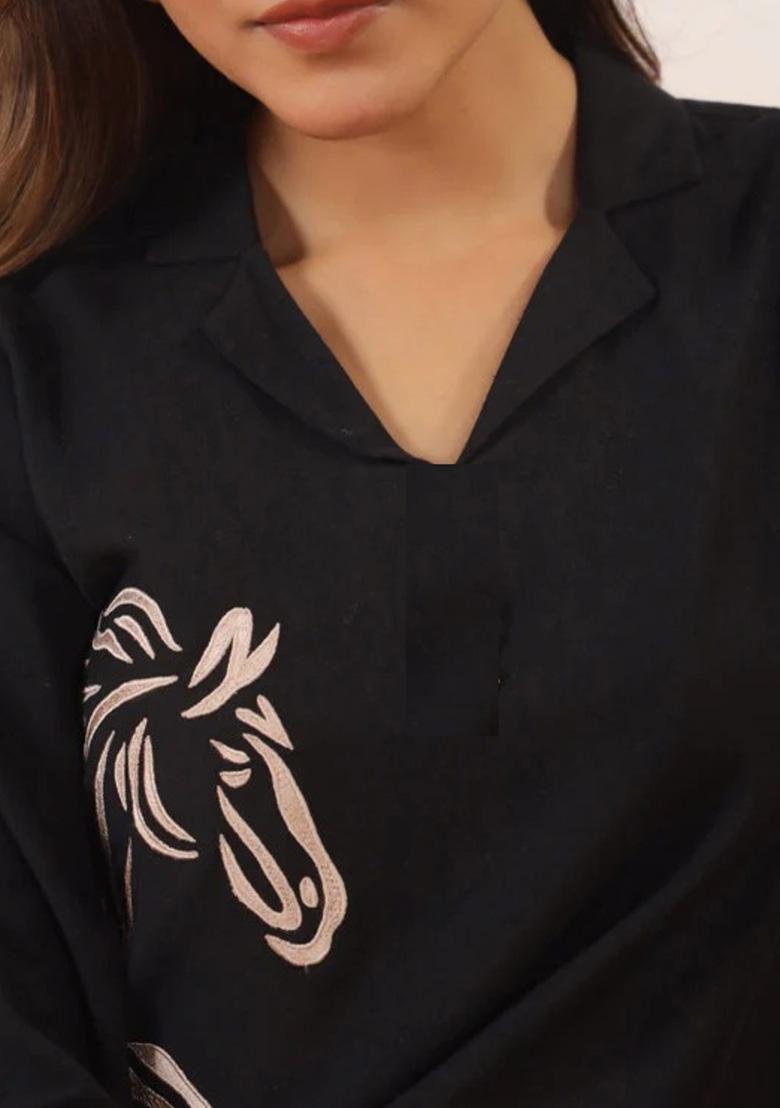 Black Embroidered Rayon Kurta Set - Indya