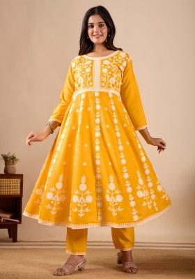 Yellow Embroidered Rayon Kurta Set