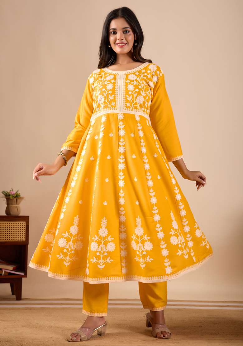 Yellow Chikankari Rayon Anarkali Set - Indya