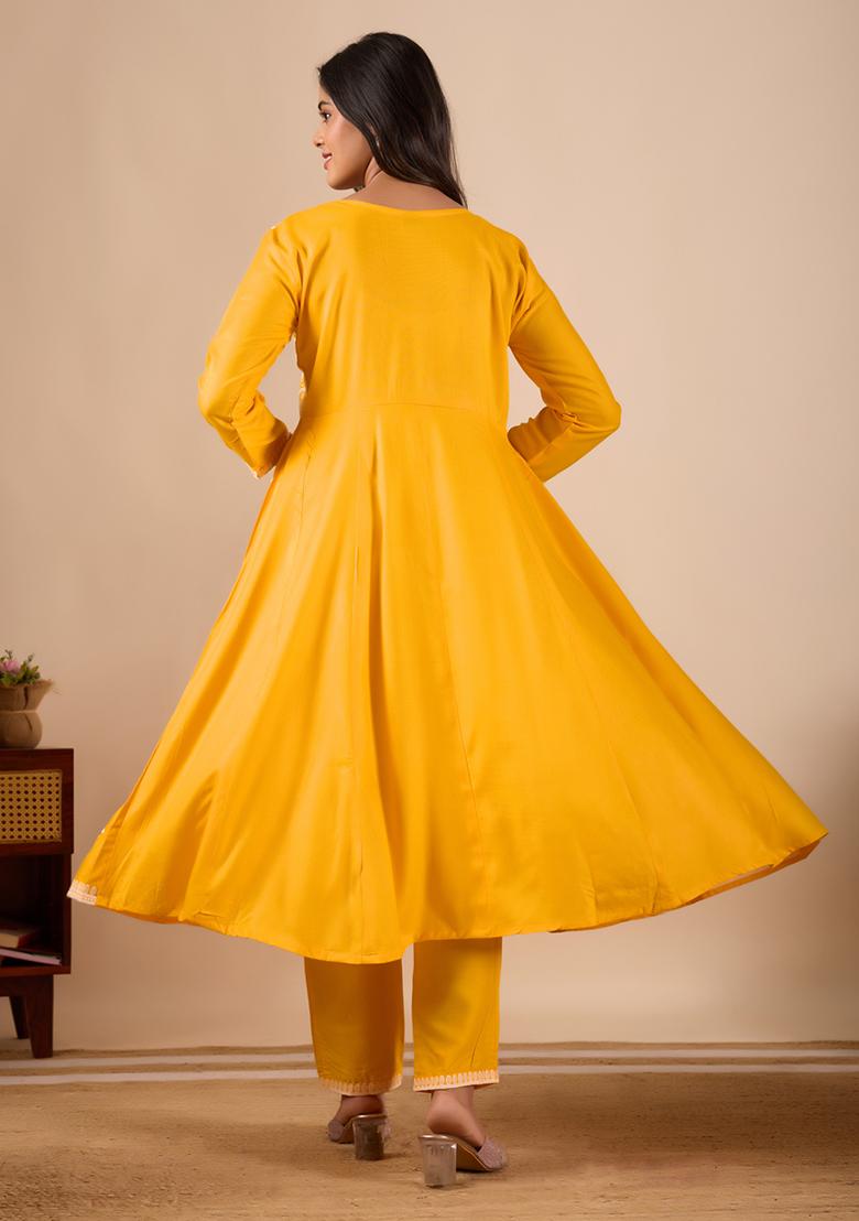 Yellow Embroidered Rayon Kurta Set - Indya