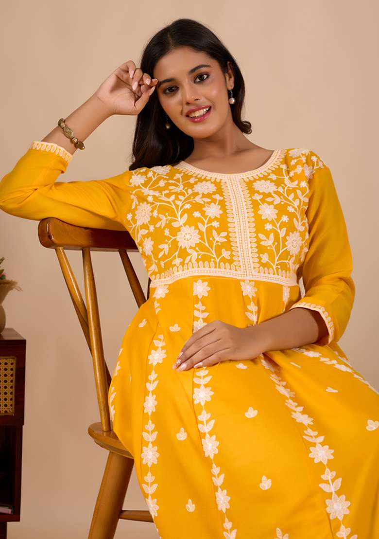 Yellow Chikankari Rayon Anarkali Set - Indya