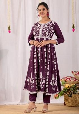 Wine Embroidered Rayon A Line Kurta Set
