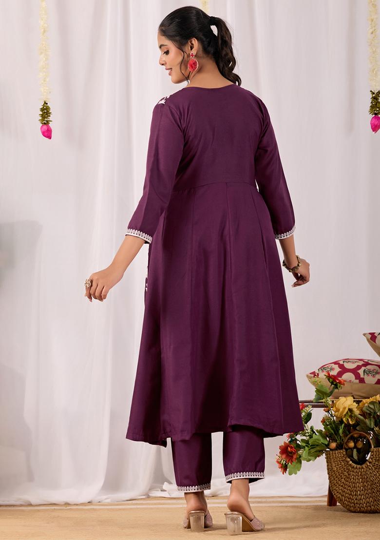Wine Embroidered Rayon Kurta Set - Indya
