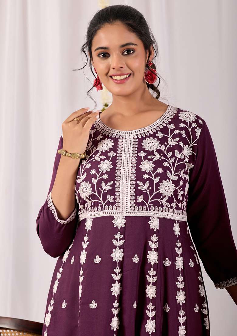 Wine Embroidered Rayon A Line Kurta Set - Indya
