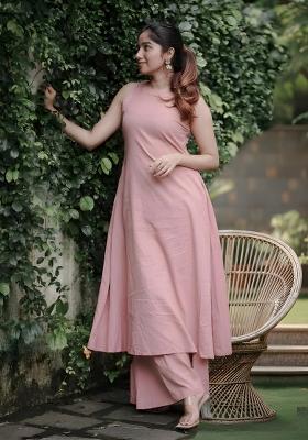 Pink Solid Cotton A Line Kurta Set
