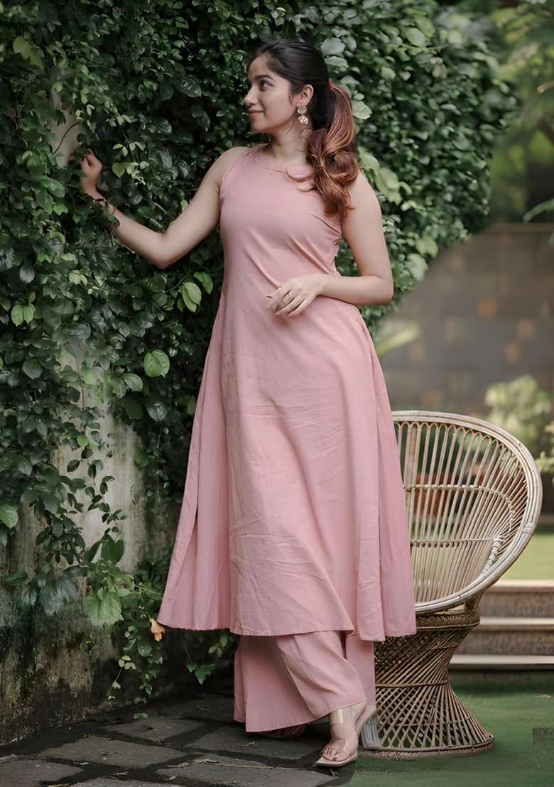 Pink Solid Cotton A Line Kurta Set - Indya