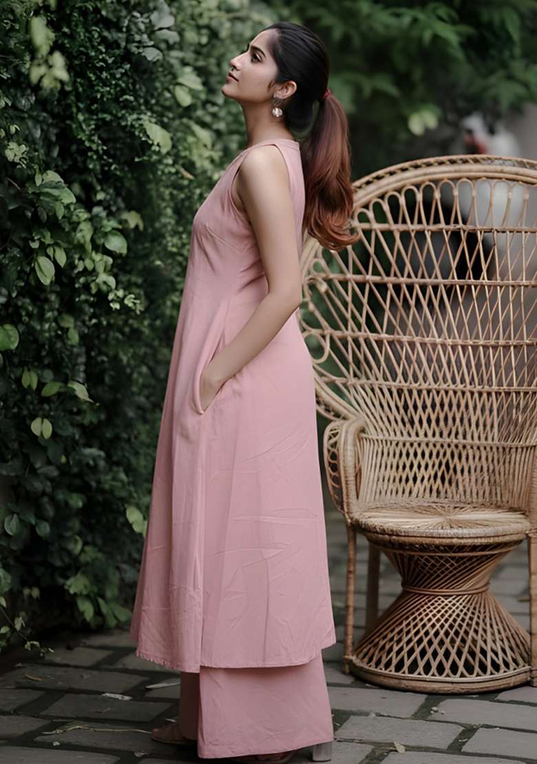 Pink Solid Cotton A Line Kurta Set - Indya