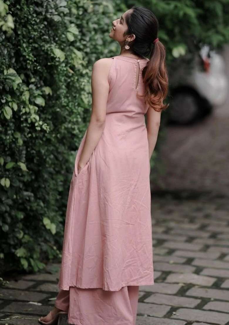 Pink Solid Cotton A Line Kurta Set - Indya