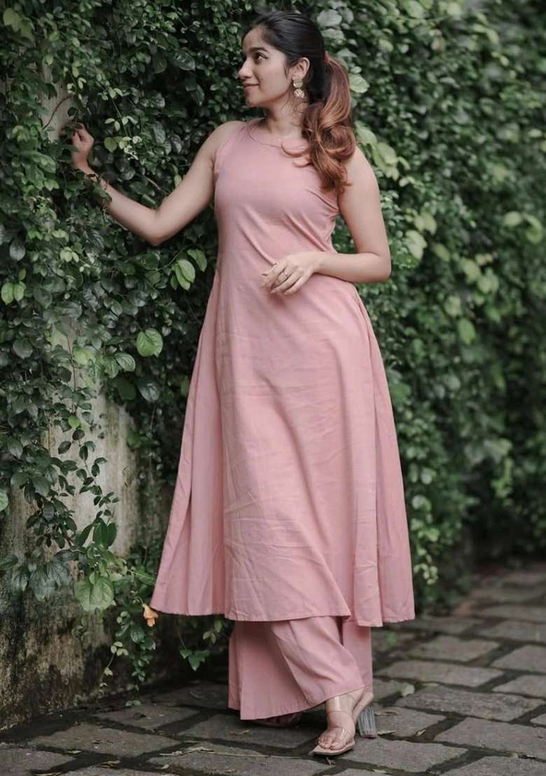 Pink Solid Cotton A Line Kurta Set - Indya