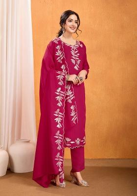 Pink Sequins Silk Kurta Set With Dupatta