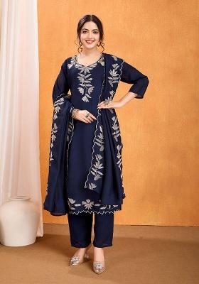 Royal Blue Sequins Silk Kurta Set With Dupatta