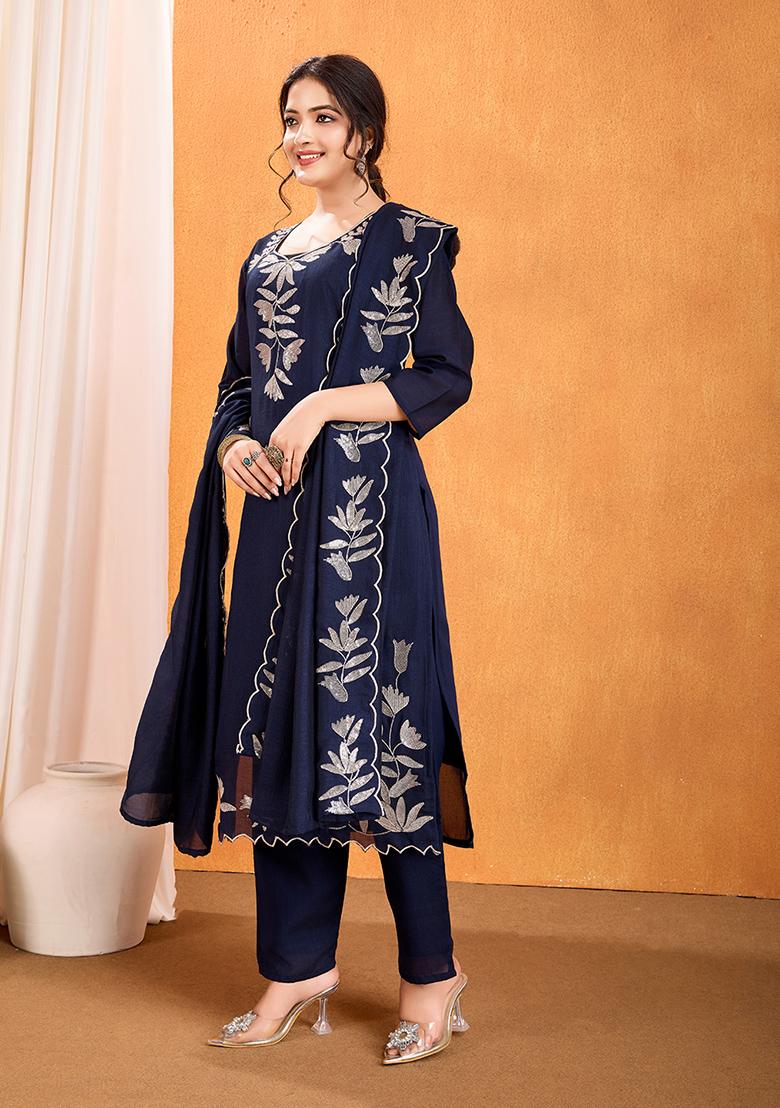 Royal Blue Sequins Silk Kurta Set With Dupatta - Indya