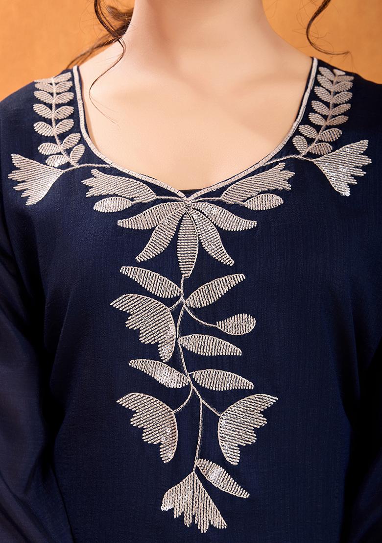 Royal Blue Sequins Silk Kurta Set With Dupatta - Indya