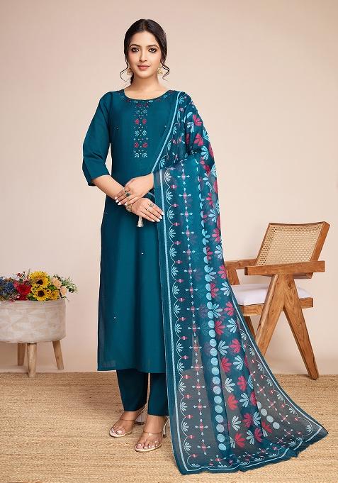 Teal Blue Embroidery Silk Kurta Set With Dupatta