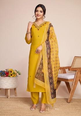 Yellow Embroidery Silk Kurta Set With Dupatta