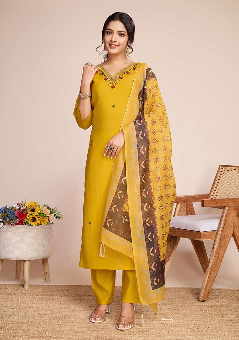 Yellow Embroidered Silk Blend Straight Kurta Set - Indya