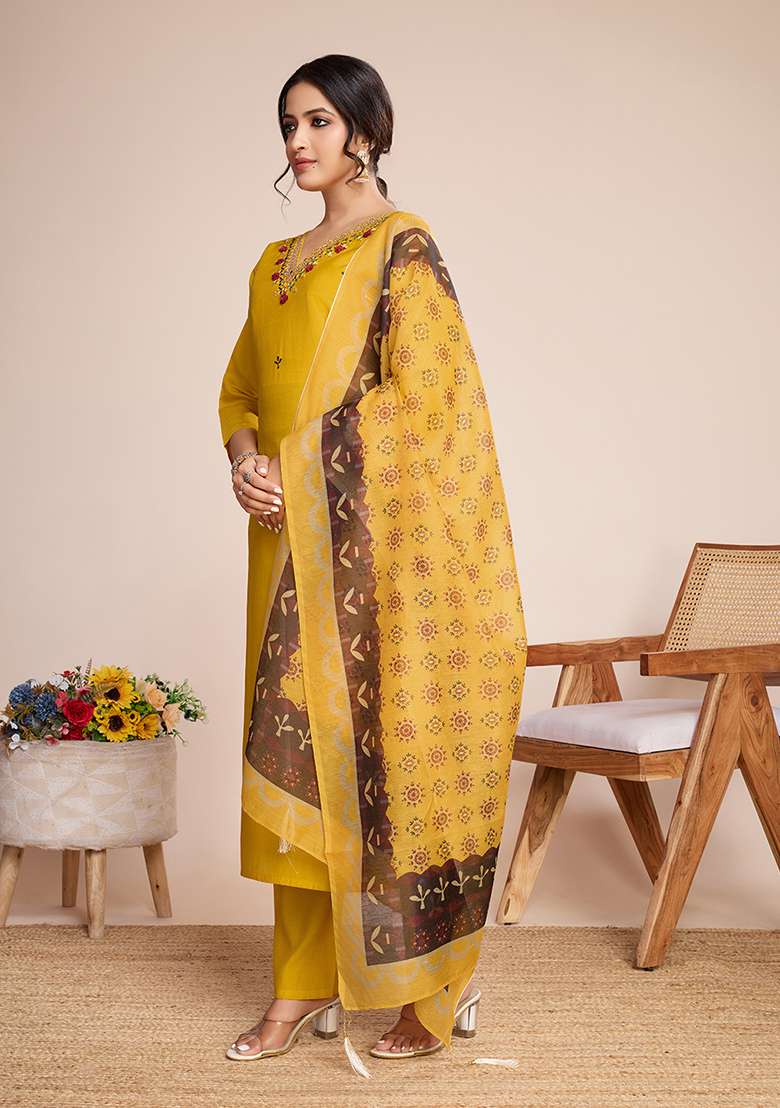 Yellow Embroidered Silk Blend Straight Kurta Set - Indya