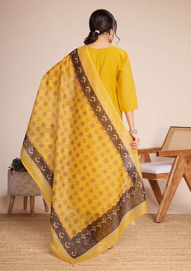 Yellow Embroidered Silk Blend Straight Kurta Set - Indya