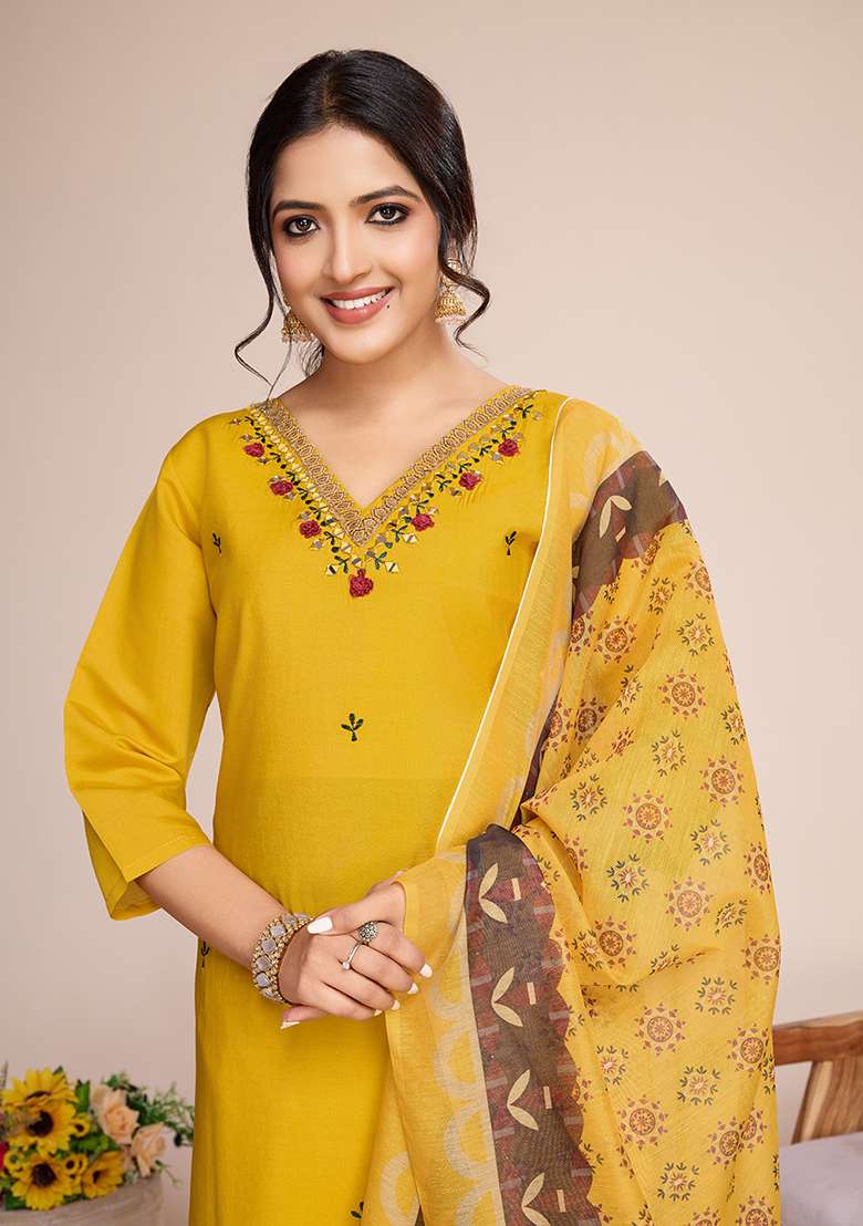 Yellow Embroidered Silk Blend Straight Kurta Set - Indya
