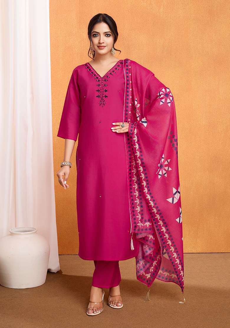Pink Embroidered Silk Blend Straight Kurta Set - Indya