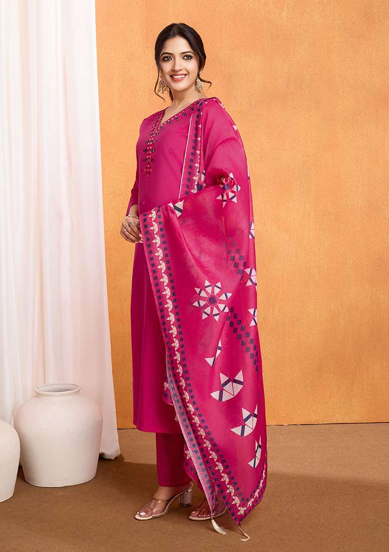 Pink Embroidered Silk Blend Straight Kurta Set - Indya