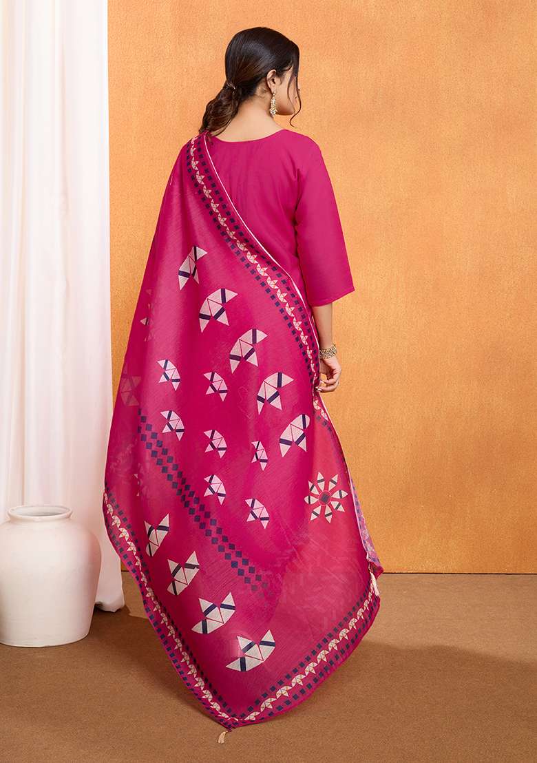 Pink Embroidered Silk Blend Straight Kurta Set - Indya