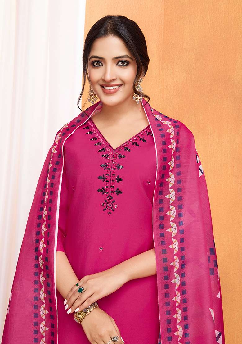 Pink Embroidered Silk Blend Straight Kurta Set - Indya