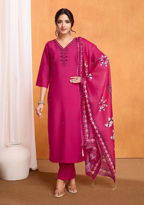 Pink Embroidery Silk Kurta Set With Dupatta