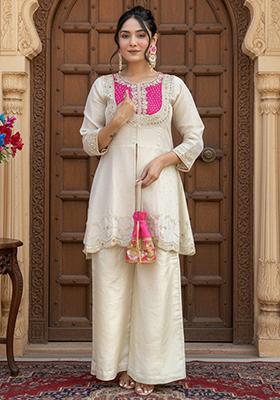 Pink Embroidered Silk Straight Kurta Set