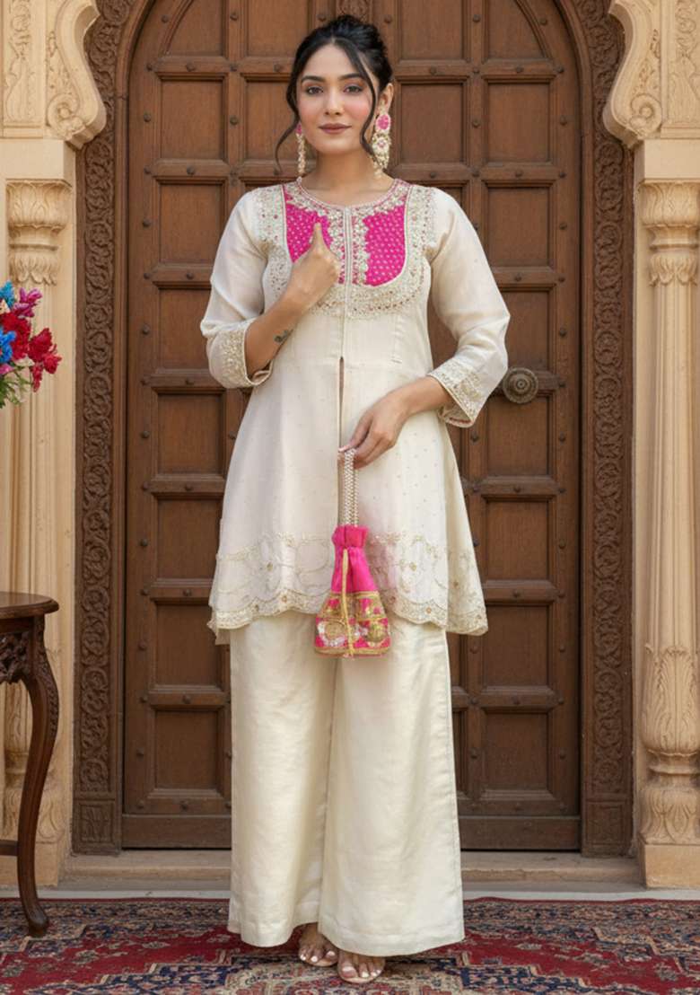 Pink Embroidered Silk Blend Straight Kurta Set - Indya