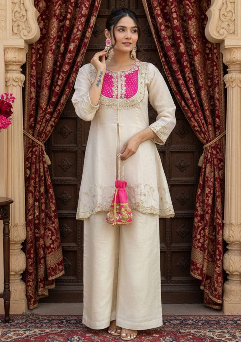 Pink Embroidered Silk Blend Straight Kurta Set - Indya
