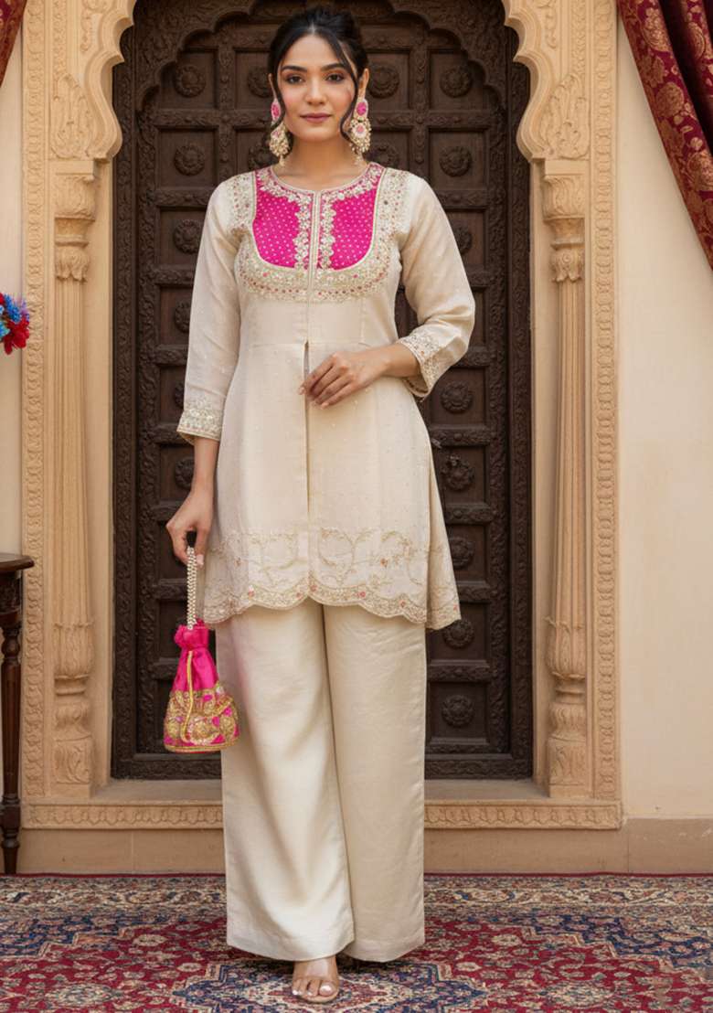 Pink Embroidered Silk Blend Straight Kurta Set - Indya