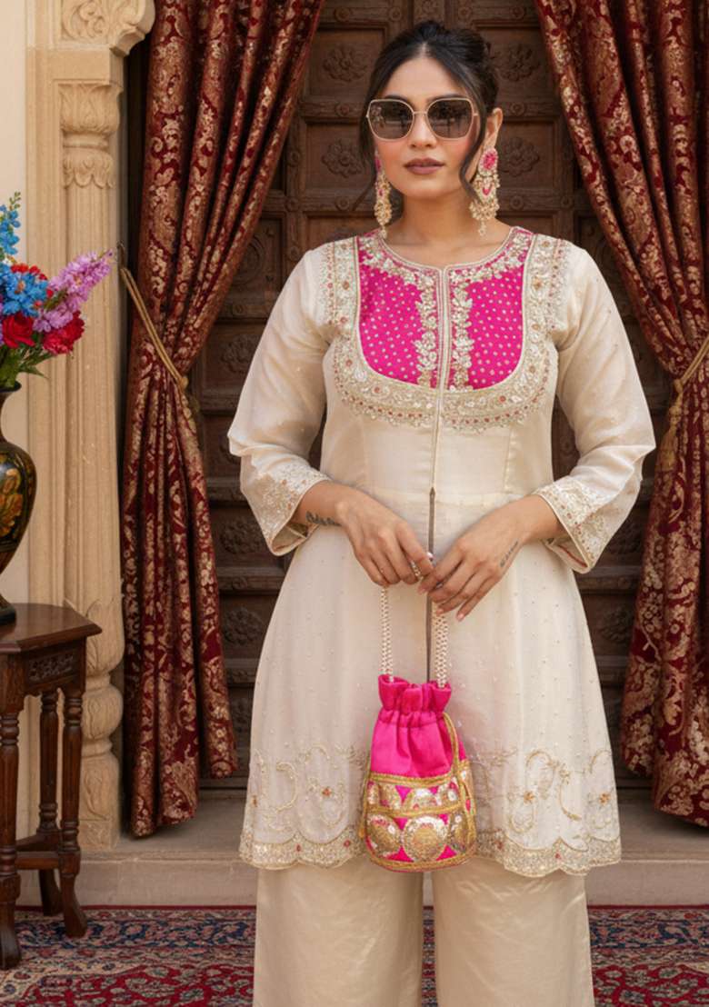 Pink Embroidered Silk Blend Straight Kurta Set - Indya