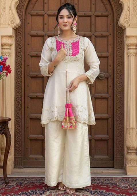 Pink Embroidery Silk Kurti Pant