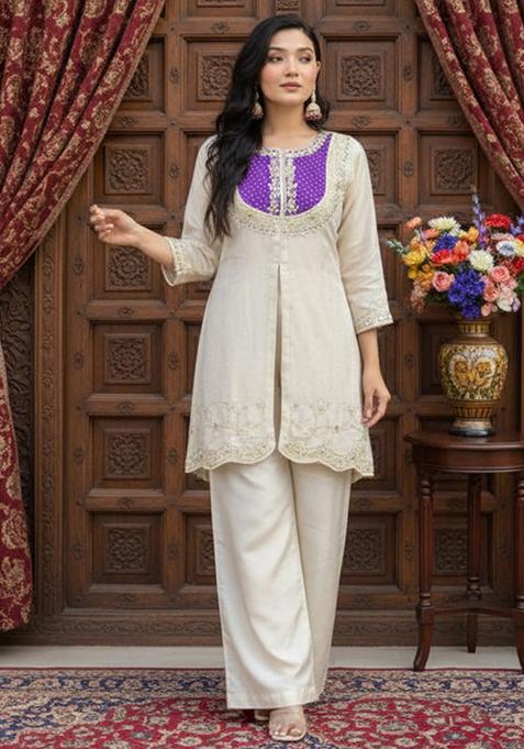 Purple Embroidery Silk Kurti Pant