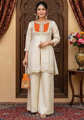 Orange Embroidered Silk Straight Kurta Set
