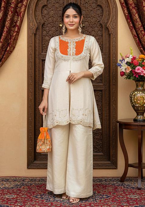 Orange Embroidery Silk Kurti Pant