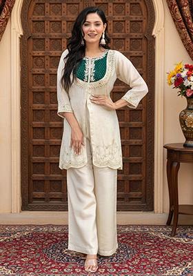Green Embroidered Silk Blend Straight Kurta Set