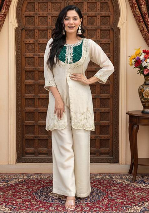 Green Embroidered Silk Straight Kurta Set