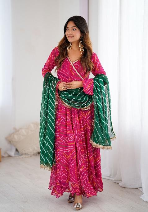 Magenta Bandhani Georgette Anarkali With Dupatta