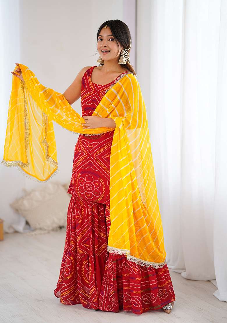 Red Bandhani Georgette Sharara Set - Indya