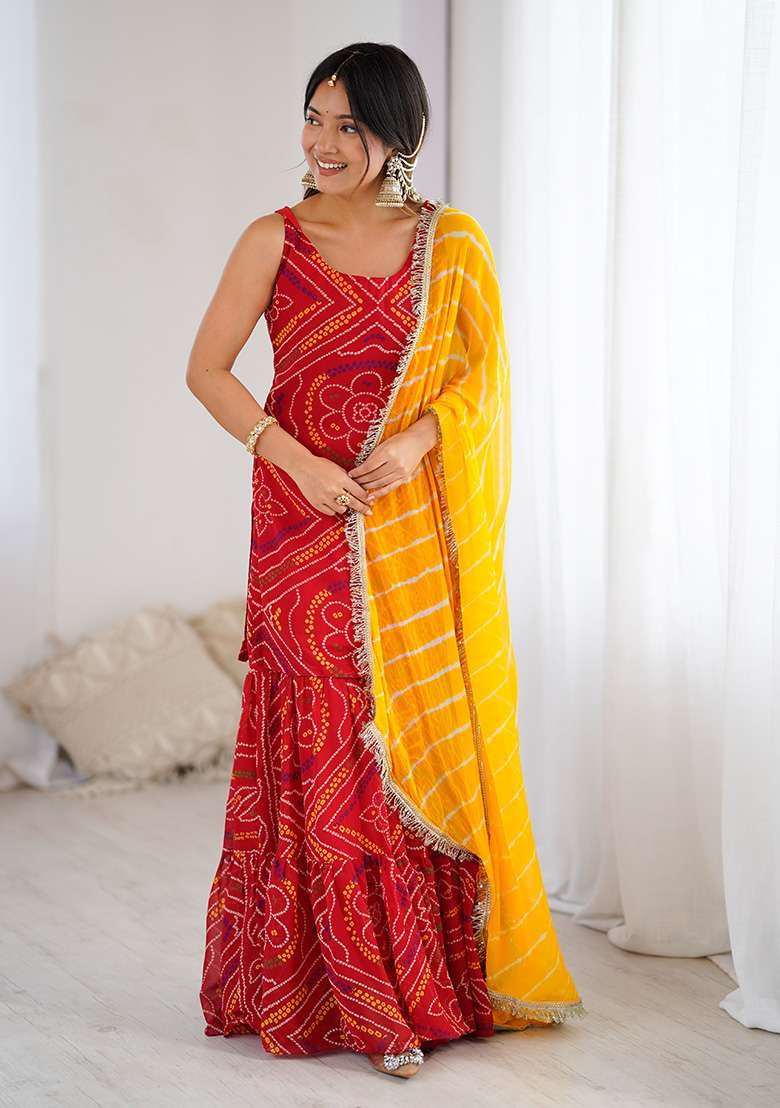 Red Bandhani Georgette Sharara Set - Indya