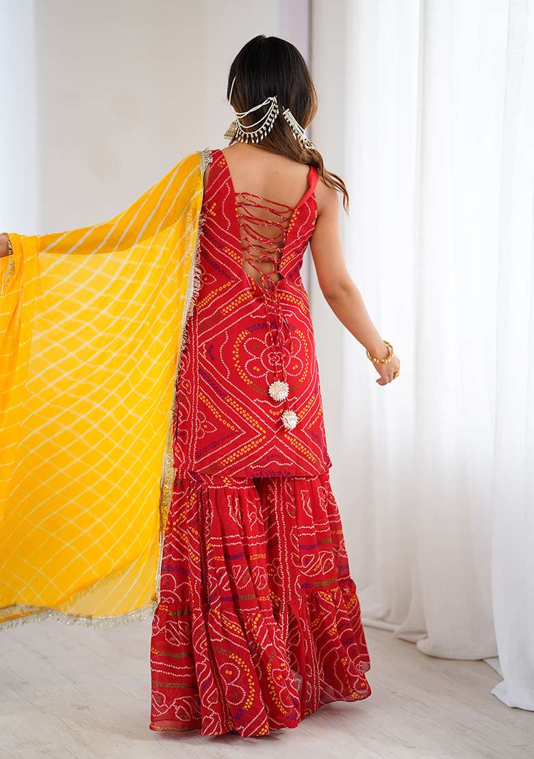 Red Bandhani Georgette Sharara Set - Indya
