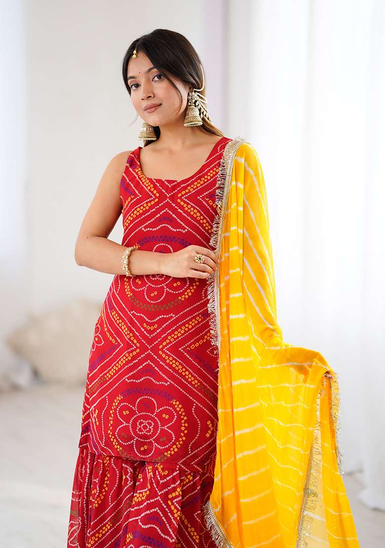Red Bandhani Georgette Sharara Set - Indya